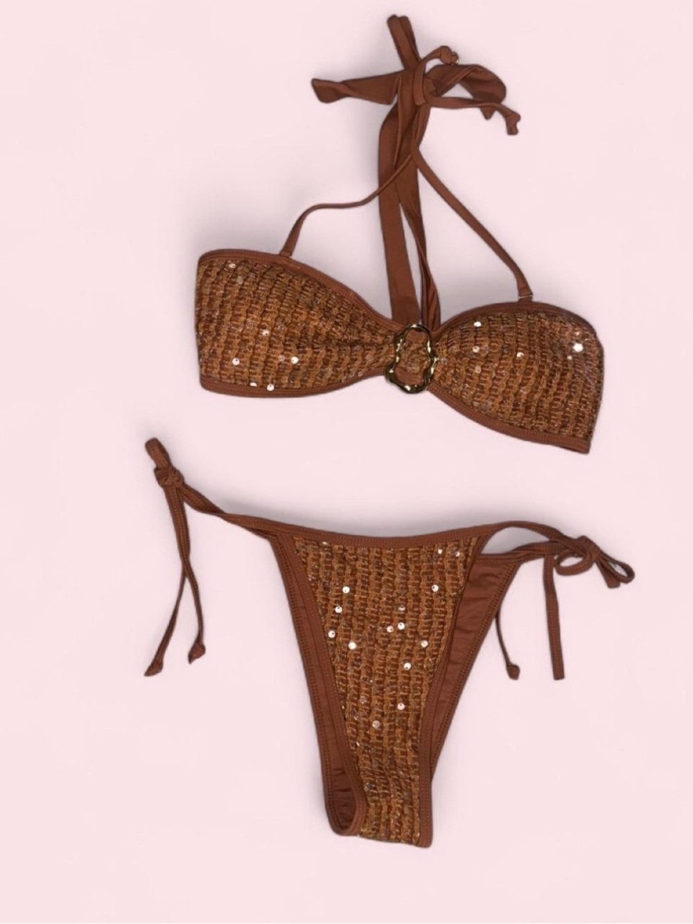 Brown Sequin Bandeau Tie-Side Bikini Set